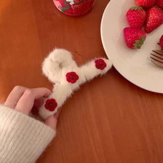 Flower Fluffy Hair Claw 1pc - Red & White - One Size