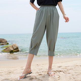 Band-waist Pintuck-hem Baggy Pants