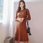 Long-sleeve Rib Knit A-line Dress Chocolate - One Size