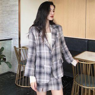 Plaid Single-breasted Blazer / High-waist Mini Straight-fit Skirt