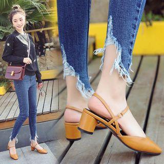 Faux Leather Slingback Block Heel Sandals
