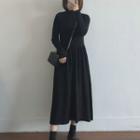 Long-sleeve Mock Neck Midi A-line Knit Dress / Mini Dress
