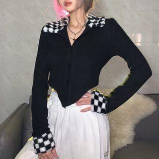 Fluffy Check Trim Crop Shirt