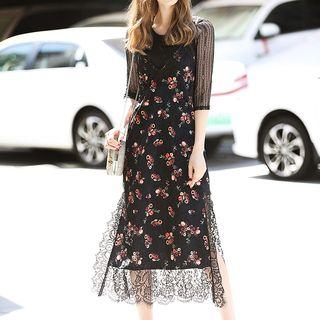 Set: Lace Elbow-sleeve Top + Floral Print Strappy Midi Dress