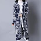 Printed Open-front Long Knit Jacket