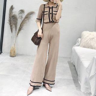 Set: Short-sleeve Knit Top + Wide Leg Pants