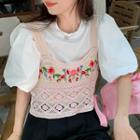 Puff-sleeve Blouse / Floral Embroidered Crochet Lace Top