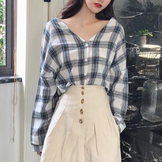 Check Long-sleeve V-neck Blouse As Shown In Figure - One Size