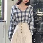 Check Long-sleeve V-neck Blouse As Shown In Figure - One Size