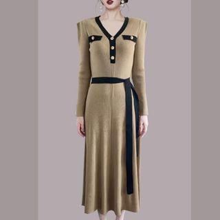 Long-sleeve Contrast Trim Sashed Knit Midi A-line Dress