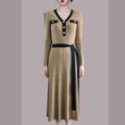 Long-sleeve Contrast Trim Sashed Knit Midi A-line Dress
