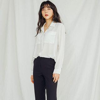 Flap-pocket Chiffon Blouse Ivory - One Size