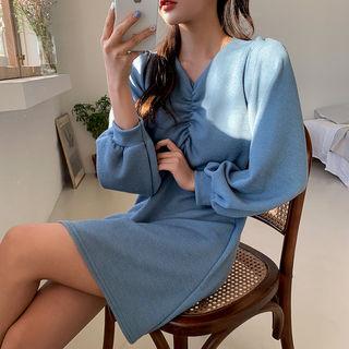 V-neck Shirred-front Dress With Belt