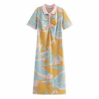 Short-sleeve Collared Print Midi Sheath Dress