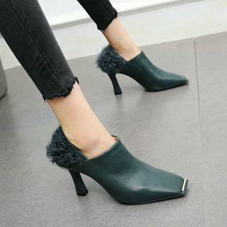 Furry Trim Square-toe High-heel Shoes