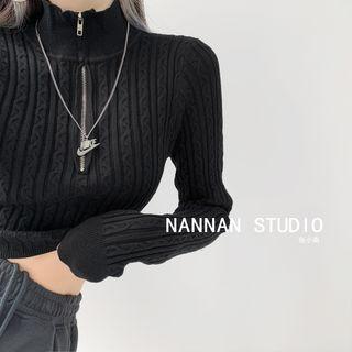 Half-zipper Cable-knit Cropped Sweater