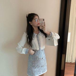 Long-sleeve Contrast Trim / High-waist Double-breasted Buttoned Skirt