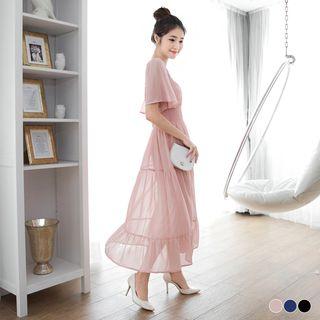 Plain Square Neck High-waist Chiffon Dress