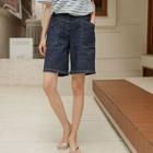 Patch-pocket Stitched Denim Shorts Indigo - One Size