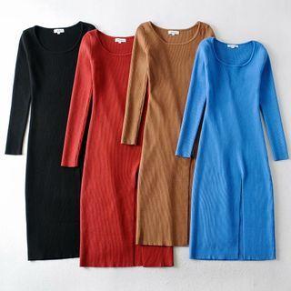 Long-sleeve Slit-hem Knit Bodycon Dress