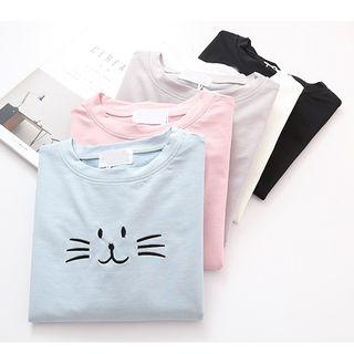 Cat Face Embroidered Long Sleeve T-shirt