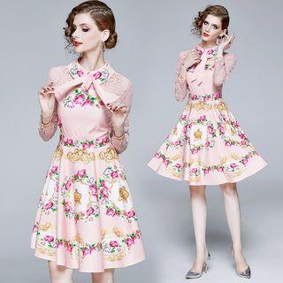 Tie-neck Lace-sleeve Floral Print A-line Dress