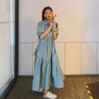 Balloon-sleeve Shirred Midi A-line Shirtdress