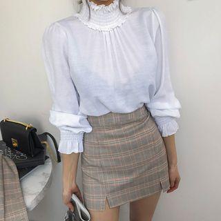 High-neck Smocked-trim Peasant Blouse