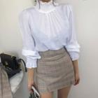 High-neck Smocked-trim Peasant Blouse
