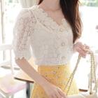 Puff-sleeve Button-detail Lace Blouse Ivory - One Size