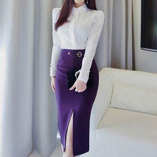 Set: Button-down Collar Plain Blouse + Slit-front Midi Skirt