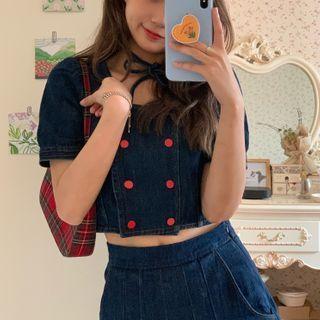 Short-sleeve Double Breasted Denim Crop Top / Mini Skirt