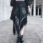 Asymmetric Mesh Hem Distressed Midi Denim Skirt Black & Denim Blue - One Size