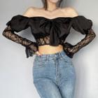 Off-shoulder Lace Trim Bow Accent Crop Top