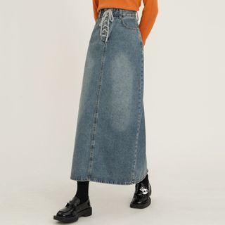 Lace-up Denim Midi Pencil Skirt
