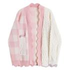 Gingham Panel Cable Knit Cardigan White & Pink - One Size
