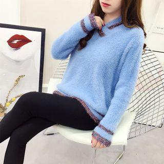Contrast-trim Furry Sweater