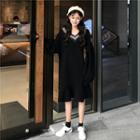 Contrast-trim Long-sleeve Ruffle-hem Midi Dress Black - One Size
