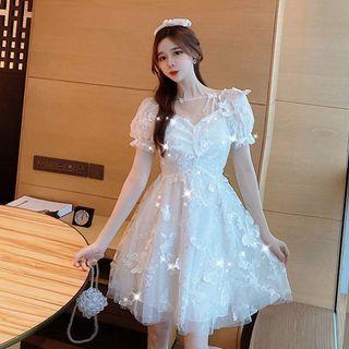 Short-sleeve Ruffle Trim Butterfly A-line Party Dress