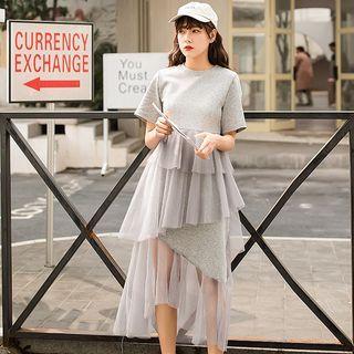 Short-sleeve Tiered Knit A-line Midi Dress