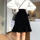 Ruffle Hem Straight-fit Velvet Skirt