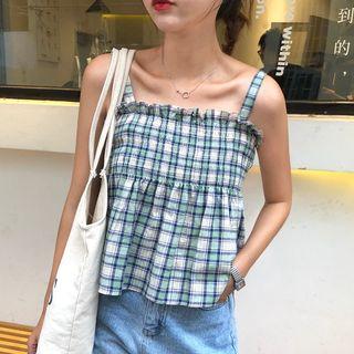 Sleeveless Frill Trim Plaid Top