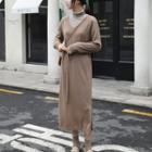 Long-sleeve V-neck Tie-waist Midi Knit Dress
