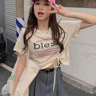 Short-sleeve Letter Printed Drawstring Crop T-shirt