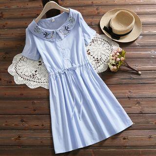 Embroidered Short-sleeve Striped Dress