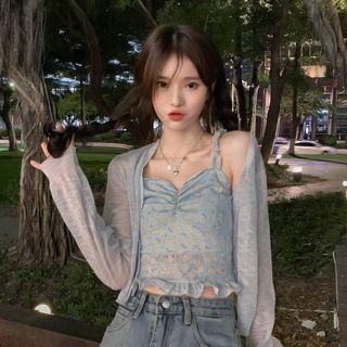 Floral Ruffle Camisole Top / Knit Jacket