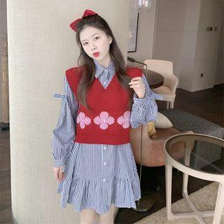 Striped Bow Loose-fit Shirtdress / V-neck Vest
