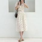 V-neck Dotted Blouse / High-waist Dotted A-line Dress