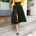 Button-front Belted A-line Long Skirt