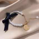 Ribbon Faux Pearl Alloy Disc Bracelet Jsz39 - Black Bow - White - One Size